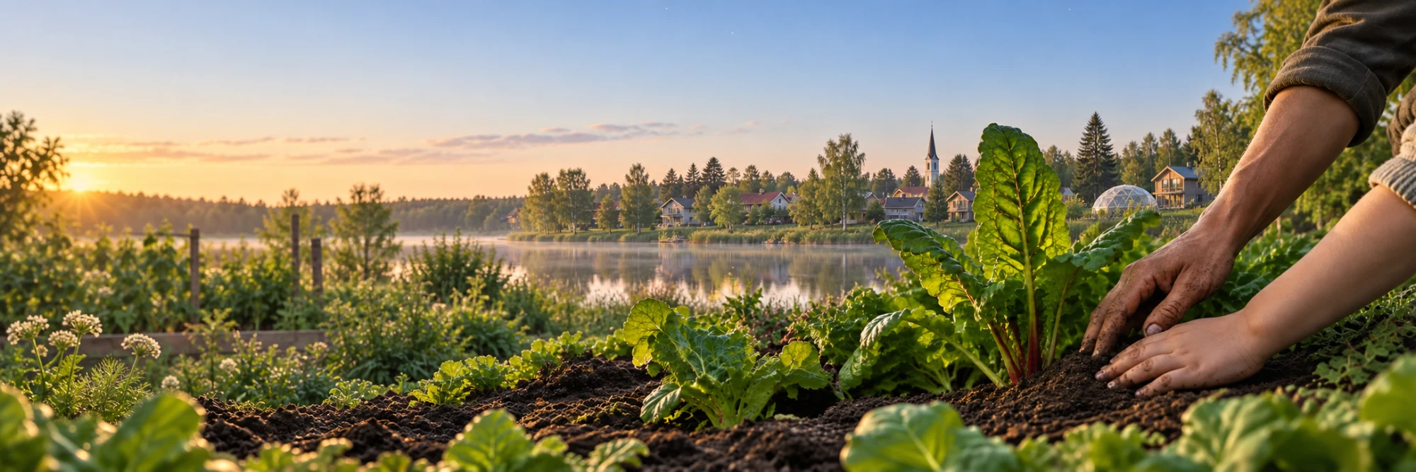Mullased käed hoolitsevad söödava taime eest; taustal on järv, mets ja aedlinna kodud.